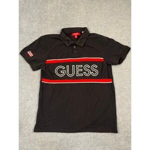 GUESS Polo Shirt Mens M Black Logo Short Sleeve Striped Patch Casual